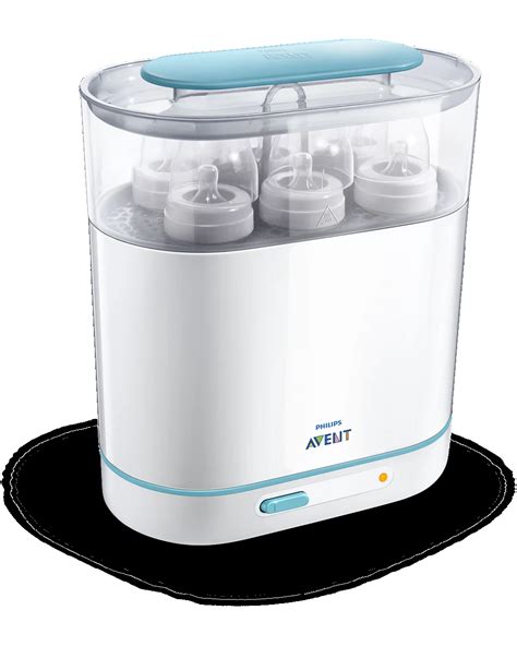 Philips Avent Dampfsterilisator mit verschiedenen Babyflaschen und Zubehör