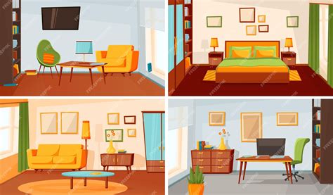 Illustration verschiedener Wohnbereiche (Wohnzimmer, Schlafzimmer, Küche) mit integrierten kleinen Laufgittern