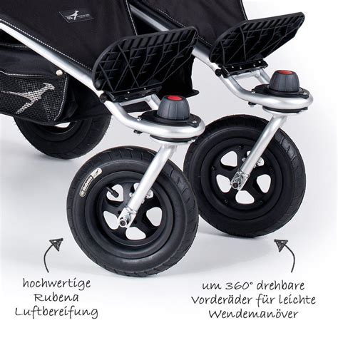 Nahaufnahme der schwenkbaren Vorderräder des TFK Twinner Twist Duo