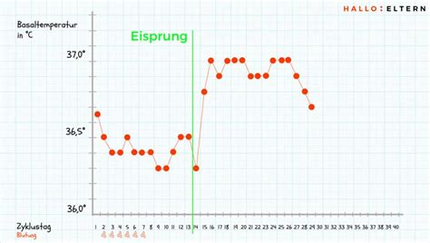 Beispiel einer Basaltemperaturkurve mit Markierung von Tieflage, Hochlage und Eisprung