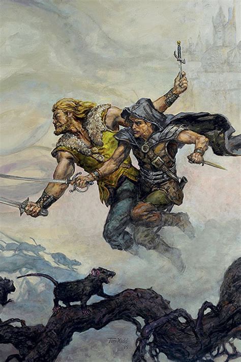 Illustration von Fafhrd und dem Grauen Mausling in einer Fantasy-Landschaft