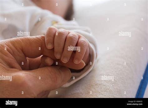 Eine Nahaufnahme einer Babyhand, die die Hand eines Erwachsenen hält.