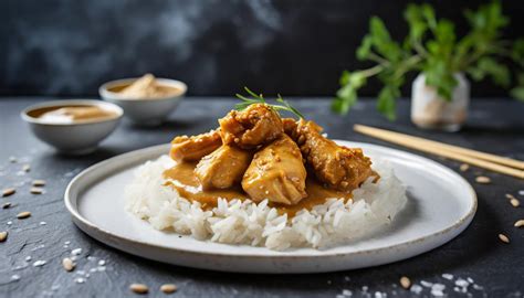 Ein Teller mit Babi Ketjap, garniert mit Koriander und serviert mit Reis