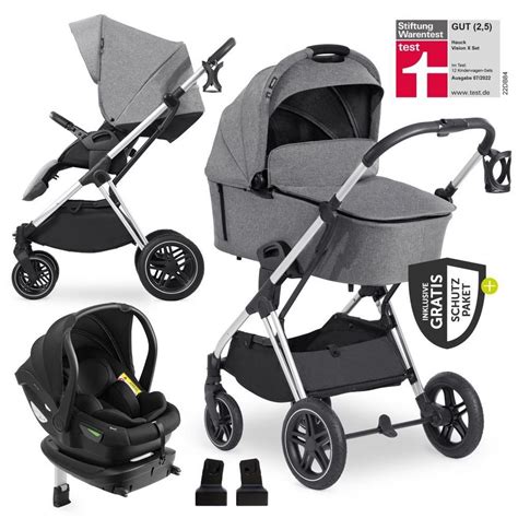 Schematische Darstellung eines Kinderwagengestells mit verschiedenen Aufsätzen (Babyschale, Liegewanne, Sportsitz)