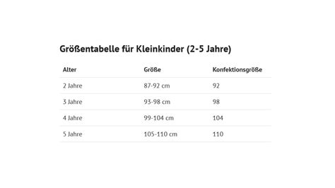 Beispiel einer Größentabelle für Kinderbekleidung