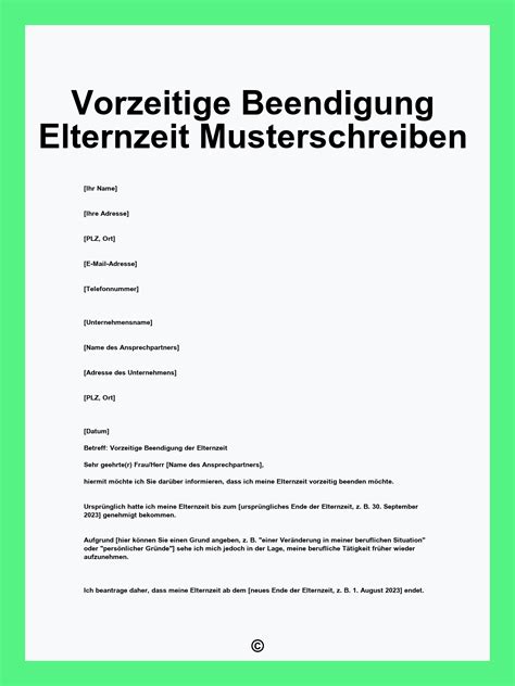 Schema zur Beantragung und Genehmigung der vorzeitigen Beendigung der Elternzeit