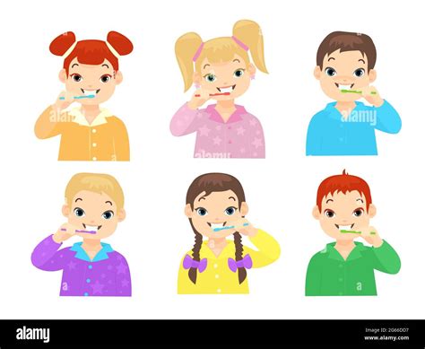 Illustration von Kindern, die mit verschiedenen Zahnbürsten singen und Zähne putzen