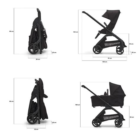 Schema des Bugaboo Bee Kinderwagens mit hervorgehobenen Hauptkomponenten (Gestell, Sitz, Räder, Griff)