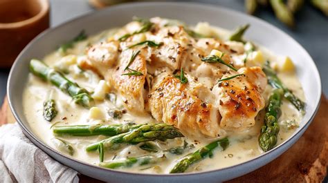 Teller mit Hähnchen und grünem Spargel