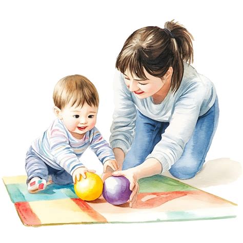 Illustration einer Familie, die auf einer bunten Krabbeldecke spielt