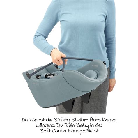 Schema des modularen Aufbaus der Maxi-Cosi Coral Babyschale mit separatem Soft Carrier und Außenschale.