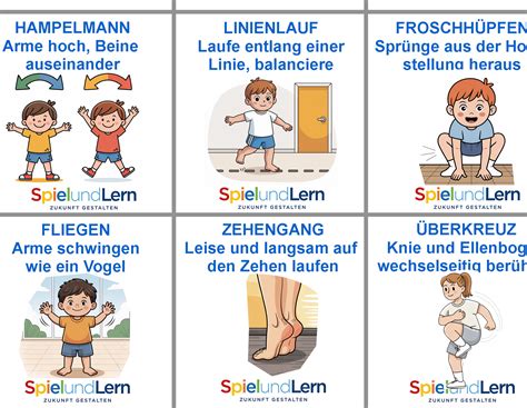 Kinder, die verschiedene Bewegungsübungen in einem sicheren Raum durchführen, um ihre motorischen Fähigkeiten zu entwickeln.