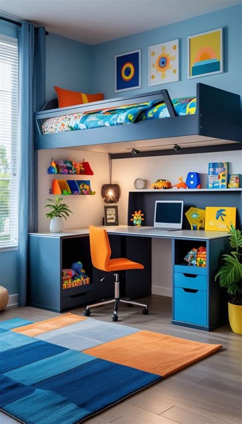 Illustration eines modernen Hochbetts mit integriertem Schreibtisch und Stauraum im Kinderzimmer.