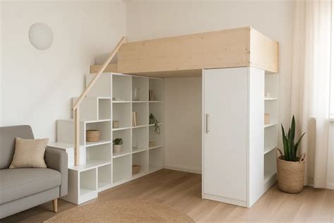 Detailaufnahme einer stabilen und sicheren Treppe zu einem Hochbett mit breiten Trittflächen und Handläufen.
