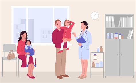Illustration eines Kinderarztes, der einer besorgten Familie Impfunterlagen erklärt.