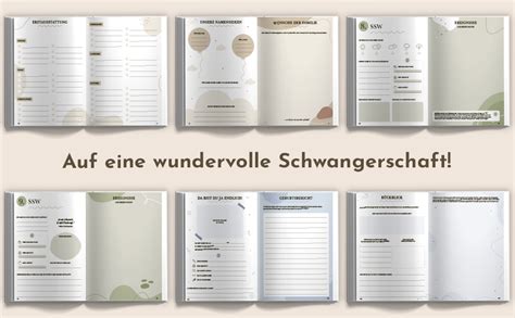 Ein offenes Schwangerschaftstagebuch mit Notizen und Platz für Fotos.