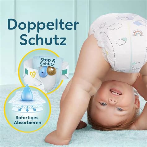 Schema der Pampers Premium Protection Windel mit Hervorhebung der Saugzonen, Stop & Protect-Tasche und des Bauchbündchens