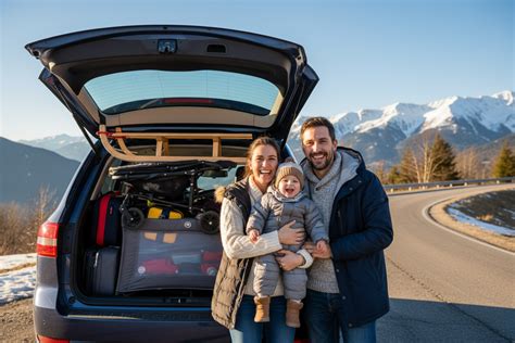 Eine Familie packt entspannt ein Reisebett in ein Auto