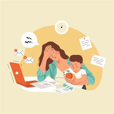 Illustration einer Mutter, die versucht, gleichzeitig zu arbeiten und sich um ein Baby zu kümmern