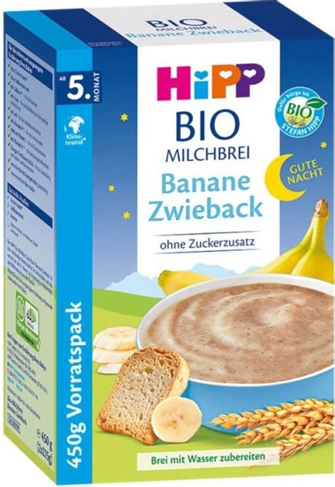 Infografik mit den Hauptnährstoffen des Hipp Bio Milchbrei Gute-Nacht Grieß-Banane und deren Bedeutung für die kindliche Entwicklung.