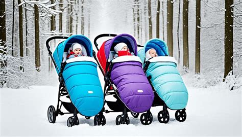 Illustration eines Babys, das warm in einem bunten Winterfußsack in einem Kinderwagen sitzt.