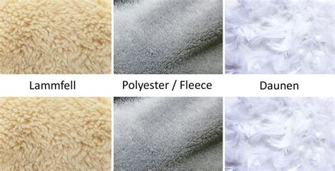 Vergleichstabelle der Materialien für Winterfußsäcke: Lammfell, Kunstfell, Fleece, Daunen - mit Eigenschaften wie Wärme, Atmungsaktivität, Pflege und Preis.