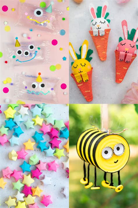 Collage aus verschiedenen Bastelideen für Kinder, darunter saisonale Dekorationen, Halloween-Figuren und Puppen.