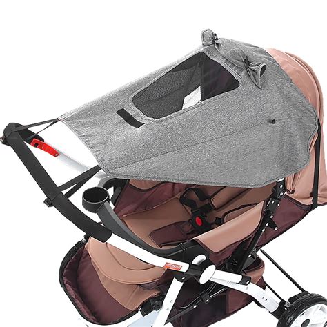 Collage verschiedener Sonnenschutz-Optionen für Kinderwagen: Sonnenschirm, UV-Schutz-Verdeck, Sonnensegel.