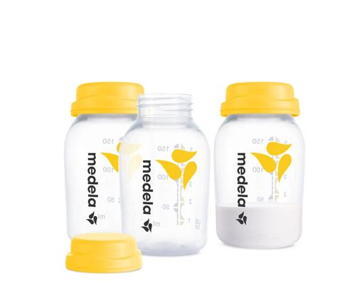 Illustration von Medela Muttermilchflaschen mit Milliliter-Markierungen und Schraubdeckeln
