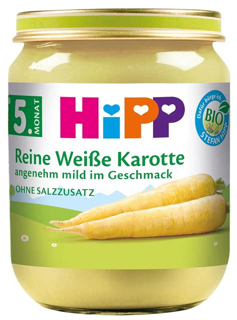 Nahaufnahme eines Gläschens HiPP Reine Weiße Karotte, um die feine Konsistenz zu zeigen.