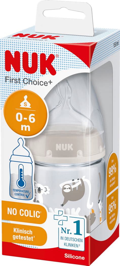 Nahaufnahme der NUK First Choice+ Flasche mit Temperature Control Anzeige