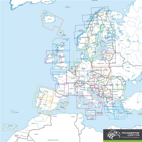 Übersichtskarte Europas mit Markierung der Abdeckung von Rogers Data VFR Luftfahrtkarten.