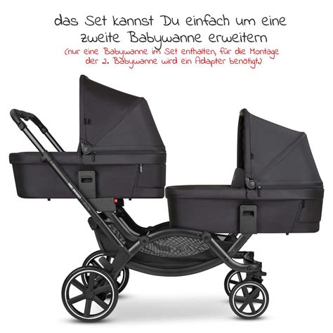 Darstellung des ABC Design Zoom Geschwisterwagens mit beiden Sitzen nebeneinander und Babywanne