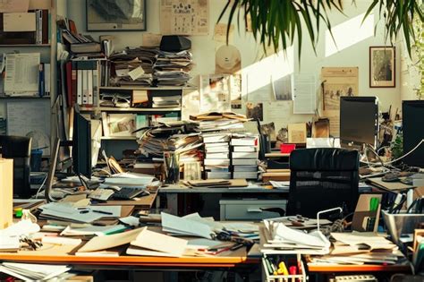 Eine Darstellung von Chars Arbeitszimmer mit Büchern, Papieren und Kunstwerken