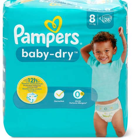 Zertifizierungslogos (FSC, OEKO-TEX, Derma-Test) für Pampers Baby-Dry Windeln.