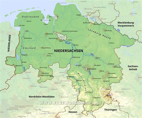 Karte von Niedersachsen mit Hervorhebung von Geografie und Regionen