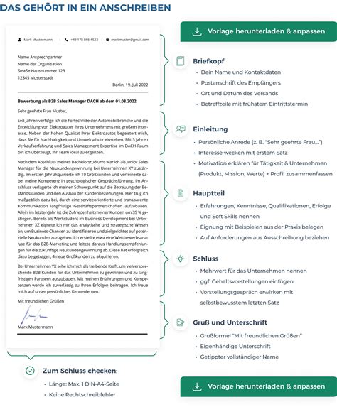 Grafische Darstellung der Struktur eines Bewerbungsschreibens mit hervorgehobenen Abschnitten.