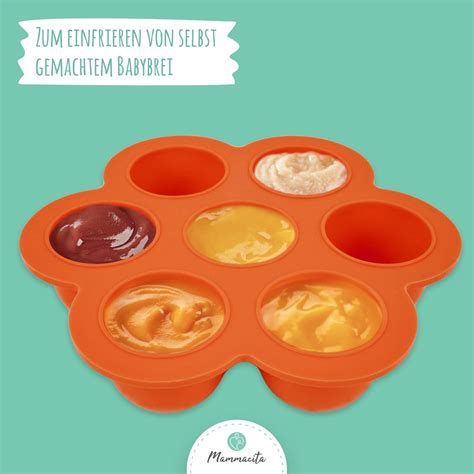 Verschiedene Behälter zum Einfrieren von Babybrei: Eiswürfelformen, Silikonbehälter, Glasbehälter.