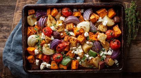Bunt gemischtes Ofengemüse mit Rosenkohl, Kartoffeln, Süßkartoffeln und Feta auf einem Backblech