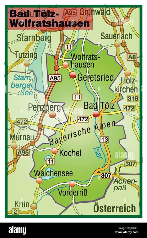Karte von Bad Tölz und Umgebung, die das Einzugsgebiet von Birgit Krey markiert