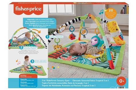 Nahaufnahme der Fisher-Price Educational 3-in-1 Regenwald-Matte HJW08 mit verschiedenen angebrachten Spielzeugen.