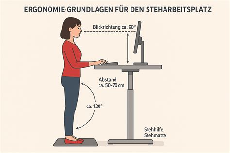 Schema, das die optimale ergonomische Einrichtung eines Arbeitsplatzes für Kinder am Computer zeigt, inklusive Abstand zum Monitor und Beleuchtung.