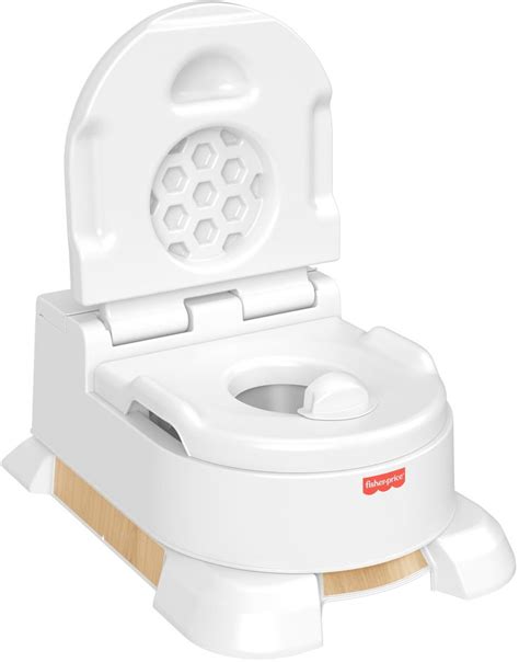 Schema, das die verschiedenen Nutzungsmöglichkeiten des Fisher-Price Töpfchens zeigt: als Töpfchen, als Sitzverkleinerer und als Fußhocker