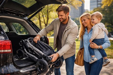 Eine Familie, die einen kompakten Buggy mühelos in den Kofferraum eines Autos lädt